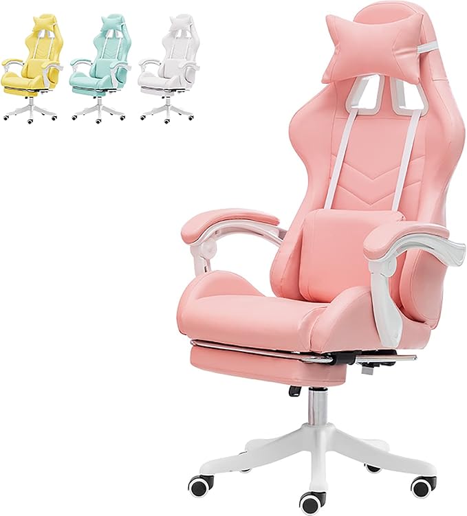 Cute Gaming Chair with Footrest High Back Video Game Chairs Kawaii PU Leather Gamer Chair with Lumbar Support and Headrest Computer Chair for Girls Adults &amp TeensPink