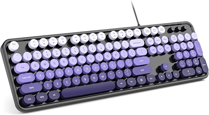 Computer Keyboard Wired Plug and Play USB Retro Round Typewriter Keyboard Full Size Wired Keyboard with Foldable Stands for Laptop and Office PC- Black Purple Gradient