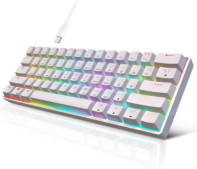 60% Mechanical Gaming Keyboard - 61 Keys Brown Switch Quiet Office Computer Keyboard - Multi Color RGB Rainbow Led Backlit - Programmable for PC/Windows/Mac/Gamer - USB Wired - White