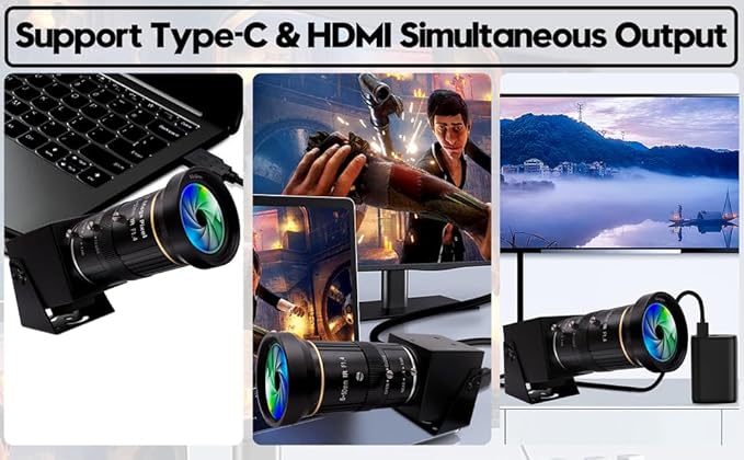High Speed 4K HDMI USB Camera with 60fps Simultaneous USB3.0 and HDMI Output 5-50mm 10X Manual Focus Lens for Close-Up Industrial Applications in Computer Microscopy and Telescopic Imaging