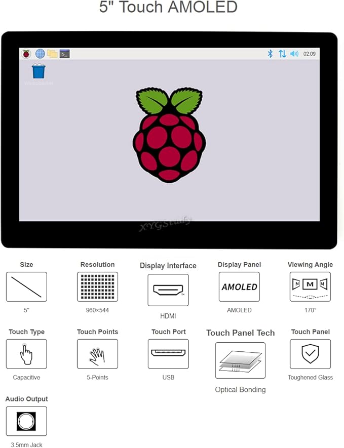 5inch HDMI Capacitive Touch AMOLED Display Monitor with Toughened Glass Cover Screen Resolution 960×544 for Raspberry Pi 4 3 Model B B+ Zero Jetson Nano @XYGStudy