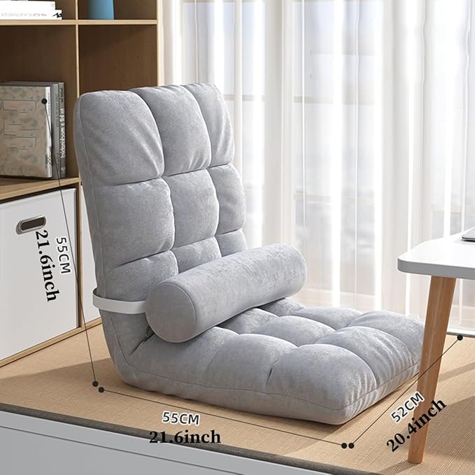 ELEFOCUS Floor Chair Adjustable for Adults 5 Adjustable Position Folding Floor Gaming Chair Lounger with Pillow for Reading(Light Gray C)