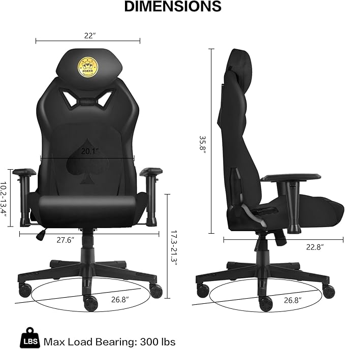 Modern-Depo Ergonomic Video Poker Gaming Chair Recliner with Texas Hold'em Sign Swivel Chair with Poker Logo Lumbar Support Headrest Height Adjustable for Study Home Office Black Poker 4