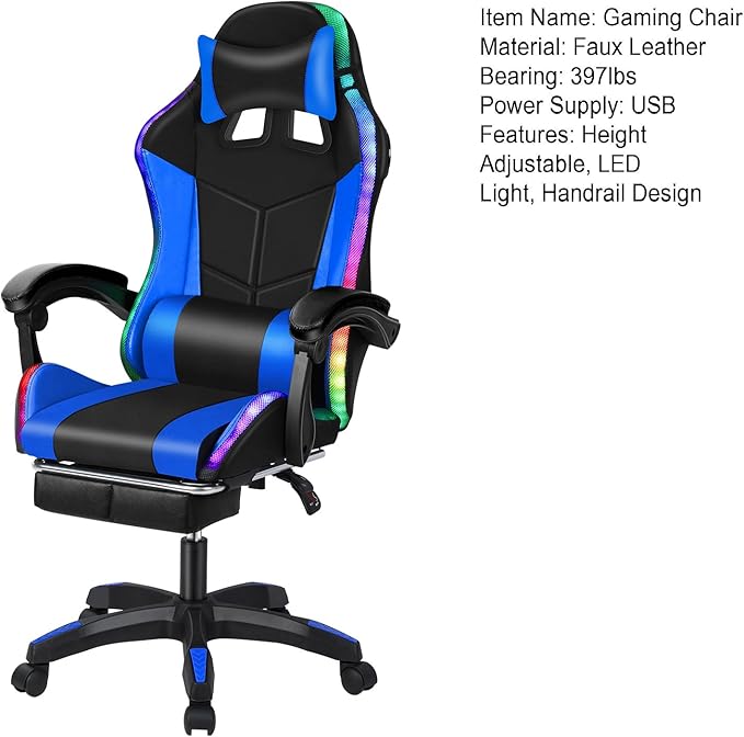 Gamer Chair Gaming Chair with Built-in Speakers &amp LED Light Ergonomic Reclining Chair with Massage Lumbar Support Retractable Footrest Height Adjustable (Dark Blue)