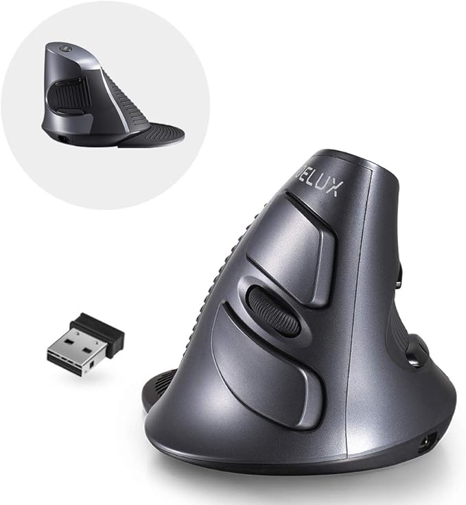 DELUX Ergonomic Vertical Mouse Wireless Rechargeable Vertical Mouse Bluetooth/2.4G Dual Mode Slient Click Removable Wrist Rest 800/1200/1600DPI Levels 6 Buttons for Laptop/PC (M618G DB-Black)