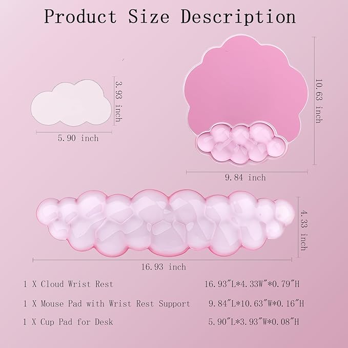 Gel Cloud Wrist Rest Keyboard Clear Pink Mouse Pad with Wrist Rest Set 3PCS Ergonomic Cool Keyboard Wrist Pad Cute Acrylic Coaster Non-Slip Base Cute Transparent Mouse Wrist Pad Support for Computer