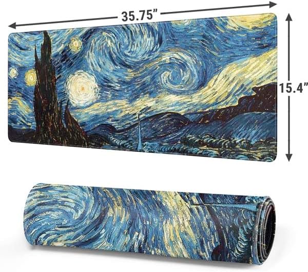 Skinit Extra Large Gaming Mouse Pad - Officially Licensed Van Gogh - The Starry Night Design with Stitched Edges Waterproof Non-Slip Rubber Base Desk Mat for Keyboard &amp Mouse 35.75 x 15.4 in
