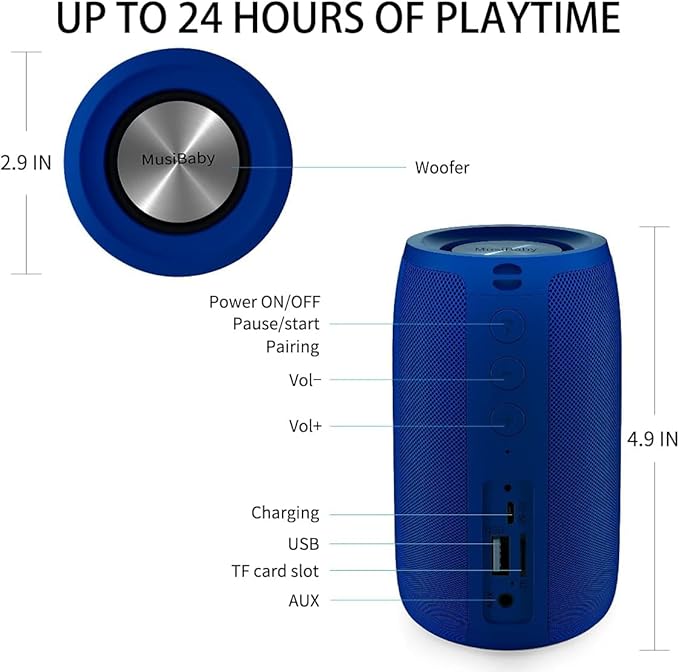 Bluetooth SpeakerMusiBaby SpeakerOutdoor PortableWaterproof Speakers Bluetooth WirelessDual Pairing Bluetooth 5.0Loud StereoBooming Bass1500 Mins Playtime for Home&ampParty Speaker Gifts(Bl