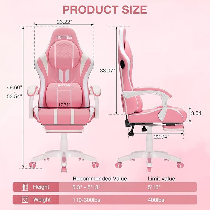 HOFFREE LED Gaming Chair Pink with Bluetooth Speakers Massage for Girls Game Chairs Big and Tall with Footrest Gamer Chair for 400lbs Computer Desk Chair for Adults Pink and White