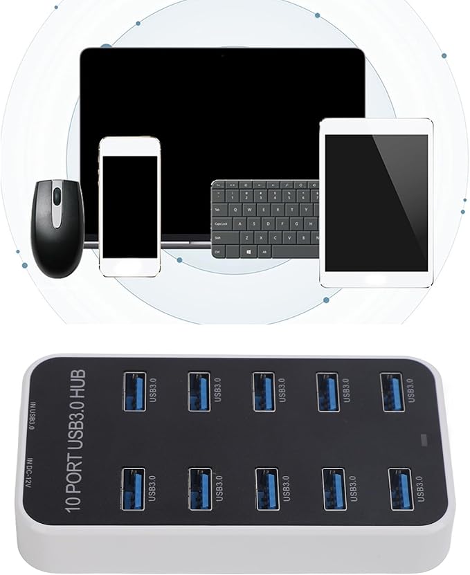 Powered USB 3.0 Hub 10 Ports USB Data Hub Splitter 5Gbps Data Transfer USB Docking Station for Laptop PC Computer Compatible with 2003 7 8 10 11