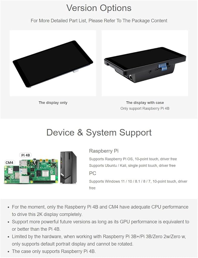 waveshare 5.5inch 2K Capacitive Touch LCD Display Compatible with Raspberry Pi 5/4B/3B+/Pi 3B/Zero 2w/Zero w and CM4 Supports Windows 11/10/8.1/8/7wihout Case
