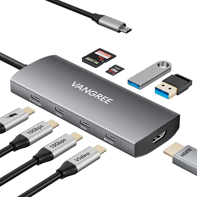 USB C Video Output Hub 3 USB-C &amp 2 USB-A 3.2 10Gbps Ports 4K@60Hz HDMI 100W PD SD/TF USBC Splitter Dual Monitor Adapter for MacBook Pro/Air iMac iPad Pro XPS Surface Galaxy S22Samsung D