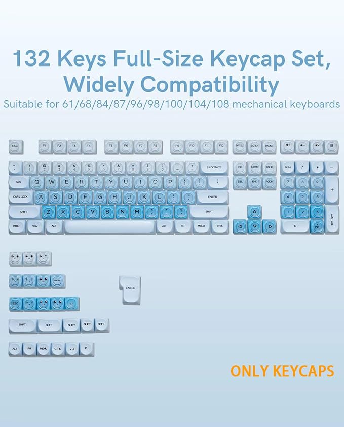 132 Keys PBT Keycaps Jelly Keycaps Cute Custom Creamy Key caps MOA Profile for 61/68/84/87/98/100 Cherry Gateron MX Mechanical Keyboards Blue