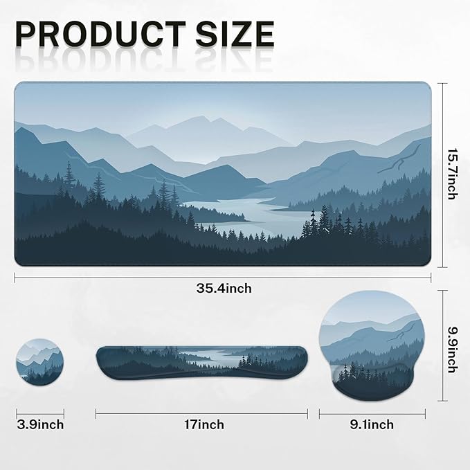 Arttown Mountains Wood Pine Desk Mat Blue Painting Mouse Pad Set with Wrist Support 4-in-1 Large Mousepad+Keyboard Wrist Rest+Mouse Wrist Rest+Coaster with Ergonomic Design Non-Slip Mat