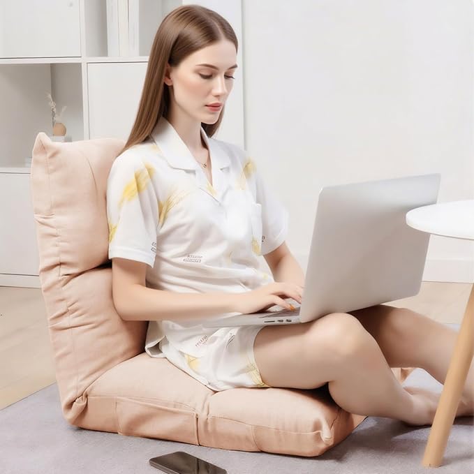 Folding Floor Chair 5-Position Cushioned Adjustable Lazy Sofa Foldable Floor Lounger for Adults Kids Gaming Reading Meditating (Beige)