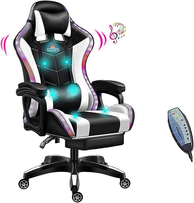 Massage Gaming Chair with Footrest RGB Gaming Chair with Speakers Video Game Chair with Headrest and Lumbar Support Backrest Adjustable Reclining Gamer Chair