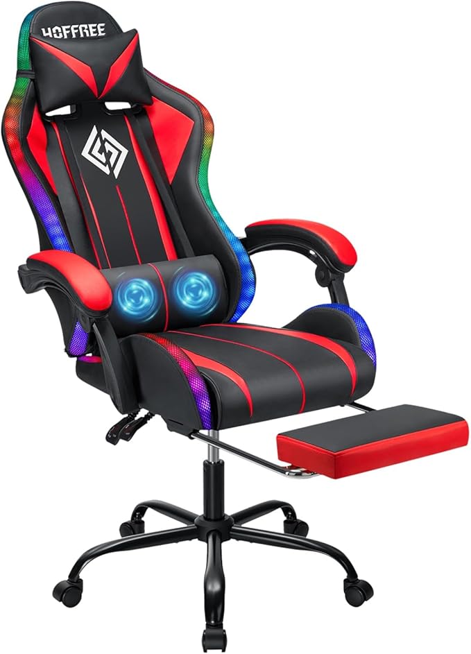 RGB Gaming Chair Massage with LED Lights and Footrest Ergonomic Computer Gaming Chair with High Back Video Game Chair with Adjustable Lumbar Support Red and Black