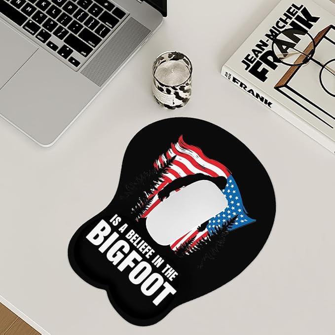 Mousepad Believe in The Bigfoot America Flag Sasquatch Ergonomic Wrist Support Non-Slip Base Mouse Mat with Wrist Rest Computer Mousemat for Desk Work Accessories Pad
