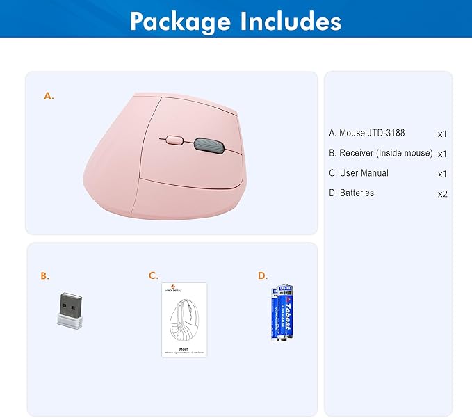 J-Tech Digital Wireless Mouse Vertical Ergonomic Mouse with 2.4G Wireless &amp Bluetooth for 3 Multi-Device Function Adjustable DPI Modes Compatible with PC Mac Laptop - Pink