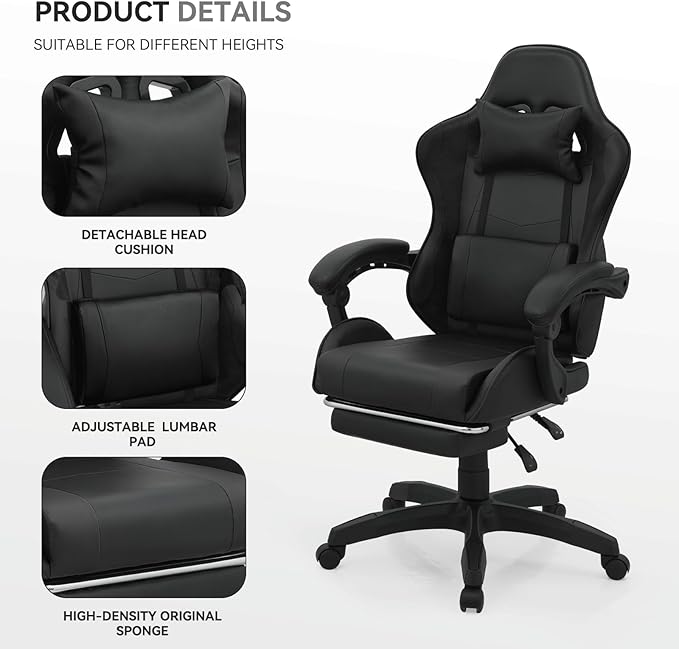Gaming Chair Ergonomic Computer Chairs with Arms Lumbar Support Footrest Headrest 360°Swivel Chair Adjustable Back and Height Leather PC Chairs for Gaming Study Office Black