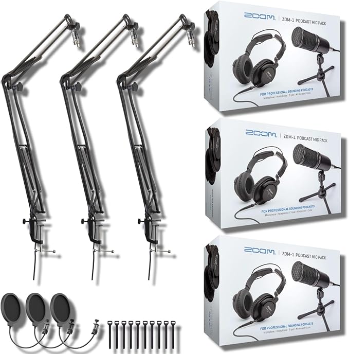 Zoom ZDM-1 Podcast Mic Packs with StreamEye BOOMARM1 Microphone Boom Arms and Microphone Pop Filters (Three-Pack)