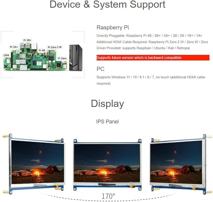 7inch Resistive Touch Screen LCD for Raspberry Pi 4B/3B+/3A+/Zero/Zero W/WH/Zero 2W CM3+/4 1024×600 Resolution HDMI IPS for Windows 11/10 / 8.1/8 / 7 (7inch HDMI LCD)