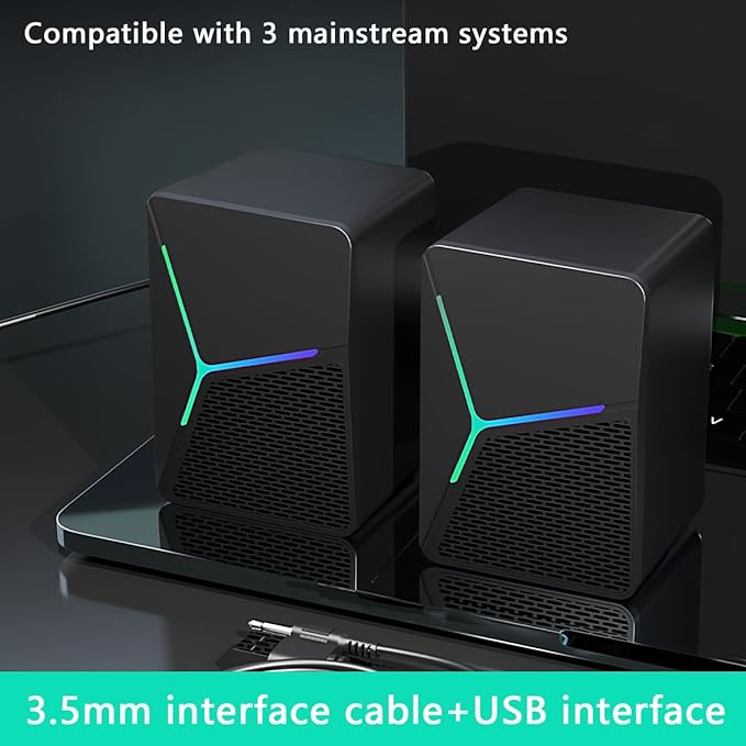 USB powered computer speaker large aperture speaker surround sound desktop speaker 3.5mm audio cable plug and play suitable for PC laptop including USB-C to USB adapter (flowing light black)