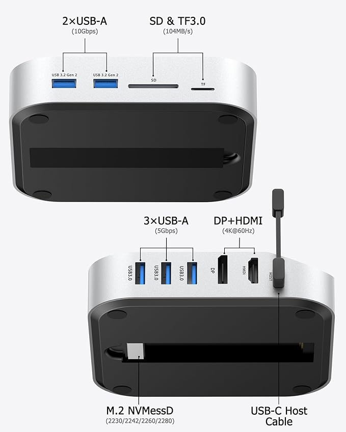 Mac mini M4 Dock with NVMe SSD Enclosure Docking Station Dual Monitor for Mac mini M4/M4 Pro 6-Port USB-C Hub with 4K60Hz HDMI DisplayPort SD/TF Card Reader 10Gbps USB-A