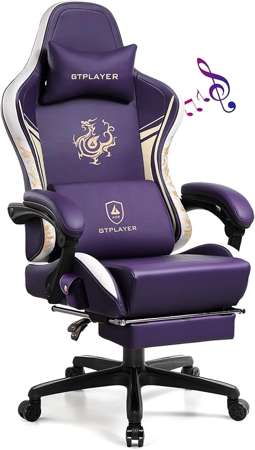 GTPLAYER Gaming Chair with Bluetooth Speakers and Footrest Dragon Series Video Game Chair Heavy Duty Ergonomic Chair Esports Gaming Chair Computer Office Desk Chair (Purple)