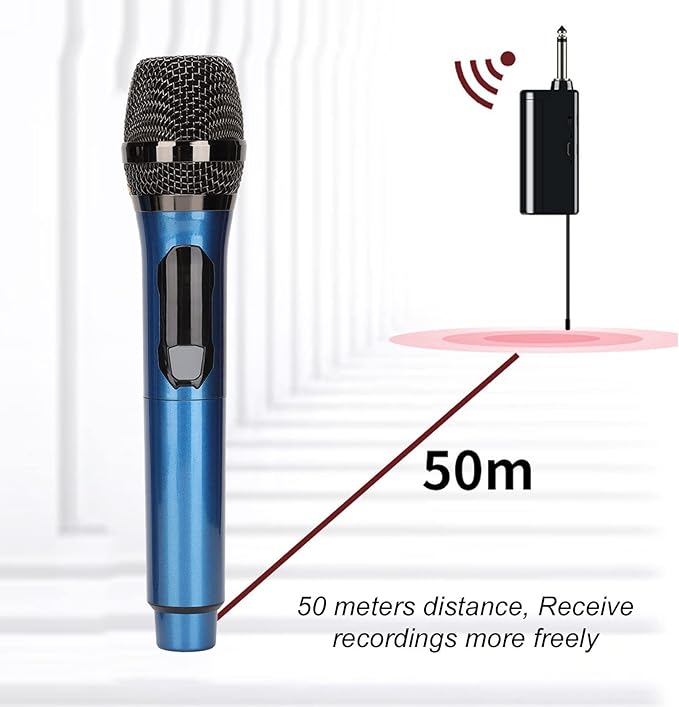 Cordless Microphone Dual Digital Dynamic Microphone with Receiver 50m Range 3.5mm Adapter Microphone with Smart LED Display for Singing Karaoke Meeting Wedding (Blue)