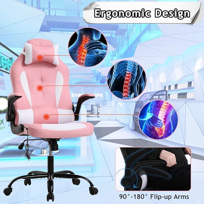 Ergonomic Gaming Office Chair - High Back Executive Computer Chair with Lumbar Support &amp Flip-Up Arms PU Leather Adjustable Swivel Chair for Women/Men Height Adjustable Massage Desk Chair (Pink)