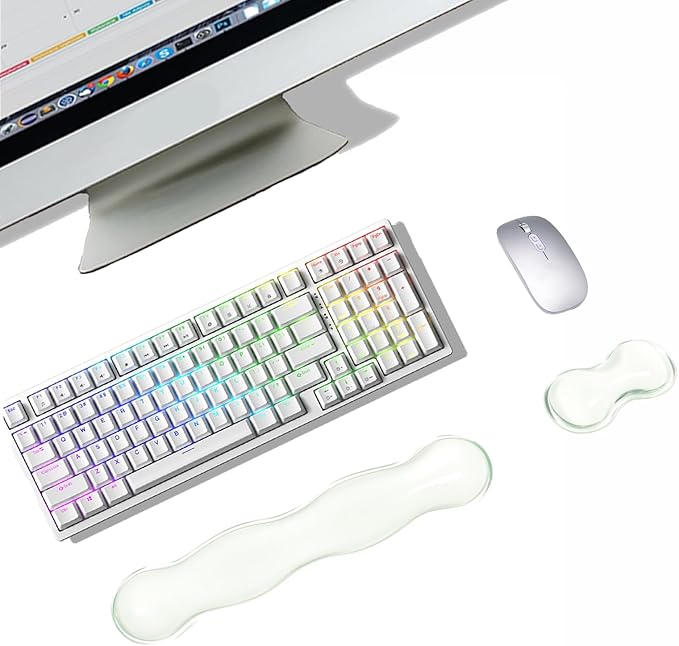 Transparent Light Green Ergonomic Wrist Rest Set - Clear Silicone Gel Keyboard &amp Mouse Pad with Non-Slip Base 14.3+5.75 Dual-Size for Office Gaming &amp Study Washable Pain Relief Design