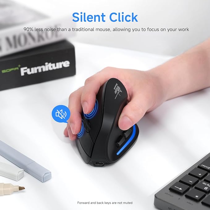 ECHTPower Ergonomic Wireless Mouse Bluetooth Vertical Mouse with LED Light Control Up to 3 Devices (BT5.0+BT5.0+2.4GHz) Adjustable DPI 2400/1600/1000 for PC Laptop Mac Windows