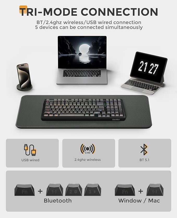 DAREU EK98PRO Wireless Mechanical Keyboard Gasket Hot Swappable Custom Pre-lubed Linear Switches Side Printed PBT Keycaps BT5.0/2.4GHz/USB-C RGB Backlit Gaming Keyboard for Win/Mac