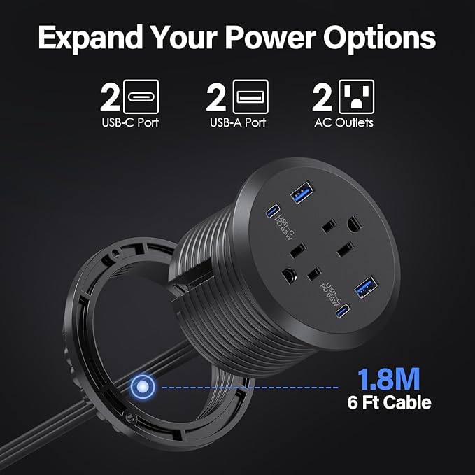 3 inch Desktop Power Grommet USB C65W Fast Charging StationFurniture Recessed Power Strip2 Outlets4 USB PortsFlush-Mount for Desktop Workspace Essential Desk Outlet2 Pack (Black)
