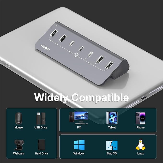 FIDECO Powered USB Hub 7 Port 10Gbps Fast Data Hub for iPhone 16/15 and Laptop Full Aluminum USB Splitter with 5V 3A Power Adapter 4 USB A and 3 USB C Ports Support BC1.2 Charging Grey
