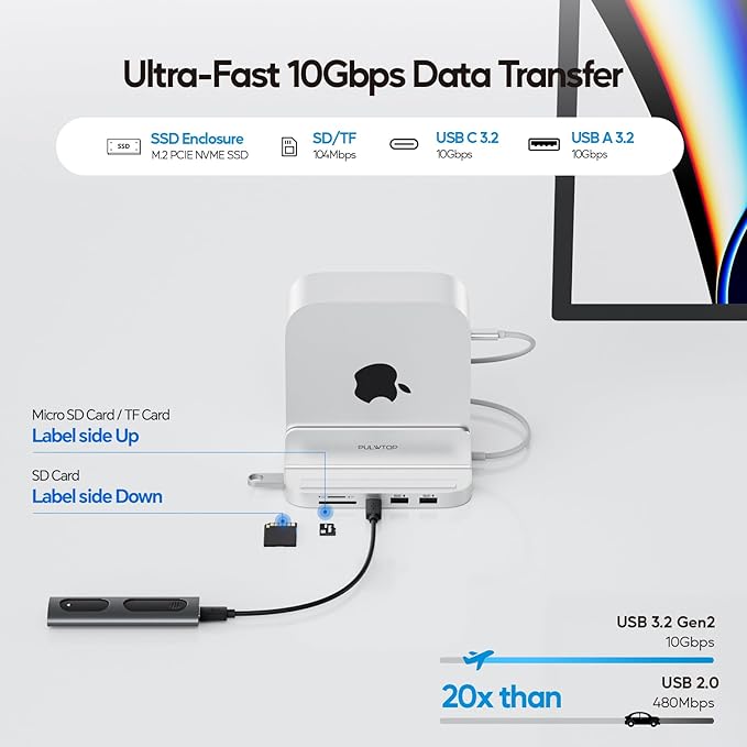 Mac mini M4 Dock with 4TB M.2 SSD Enclosure 8-in-1 Aluminum Vertical USB-C Hub for Mac mini M4 Pro Hub Stand with USB-A/C 3.2 10Gbps 2xUSB-A 2.0 3.5mm Audio SD/TF (SSD NOT Included)