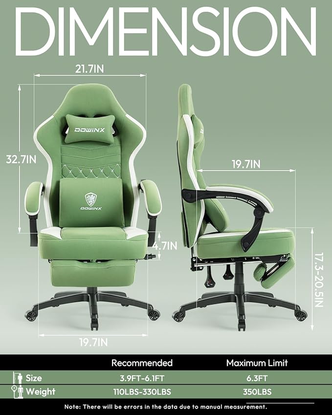 Dowinx Gaming Chair Breathable Fabric Game Chair with Gel Pad and Storage Bag Comfortable Gamer Chair with Pocket Spring CushionErgonomic Computer Chair with FootrestGreen and White