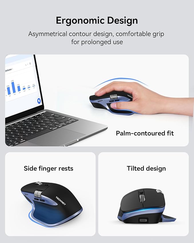 TECKNET Wireless Mouse Bluetooth Mouse (BT5.3/5.0 &amp 2.4G) Rechargeable Ergonomic Optical Mouse with 6 Adjustable DPI Side Scroll USB A Receiver 7 Buttons Wide Compatibility - Black &amp Blue