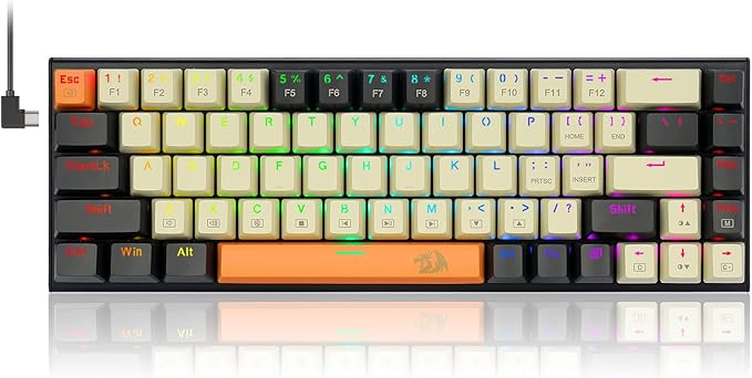 Redragon 60% Mechanical Gaming Keyboard 68 Keys Wired Office RGB Keyboard with Arrow Keys Programmable Macro Red Switches for Windows Mac PC Laptop Black/Beige/Orange