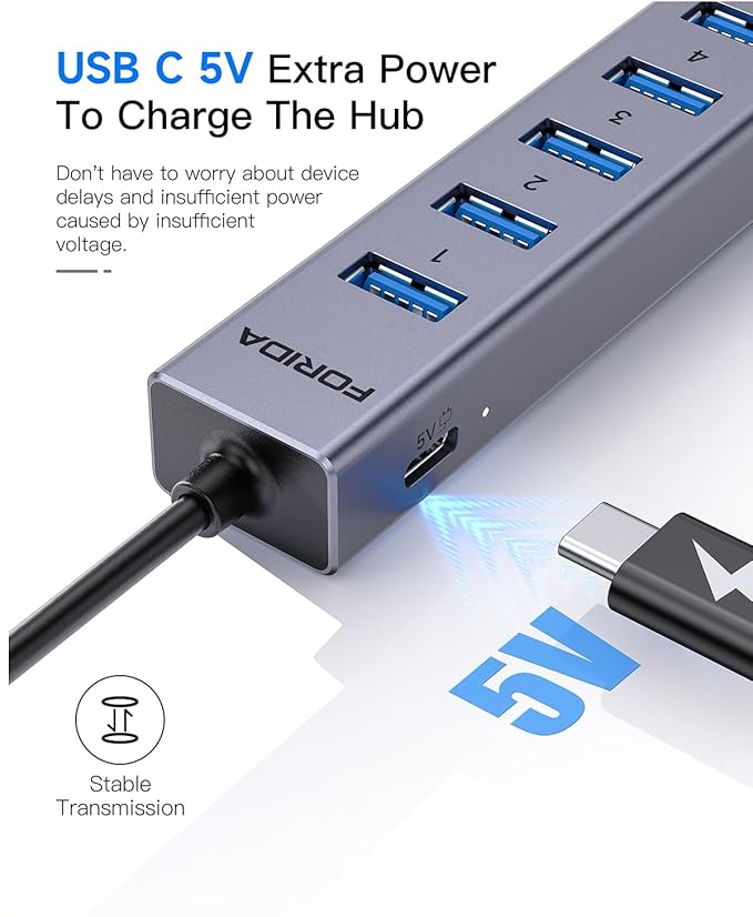 FORIDA Aluminum USB to Ethernet Adapter with 7-Port USB Hub – 3.9ft Long Cable Gigabit Ethernet Port 5V/3A Power Port | USB Extender Compatible with Windows macOS Linux &amp More
