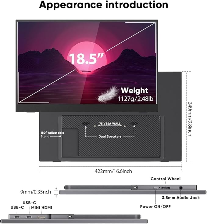 Portable Monitor 18.5inch 1080P FHD 100Hz Refresh Rate Gaming Monitor 72% sRGB IPS Panel Dual USB-C &amp Mini-HDMI for Laptop PC Phone Built-in Kickstand Speakers