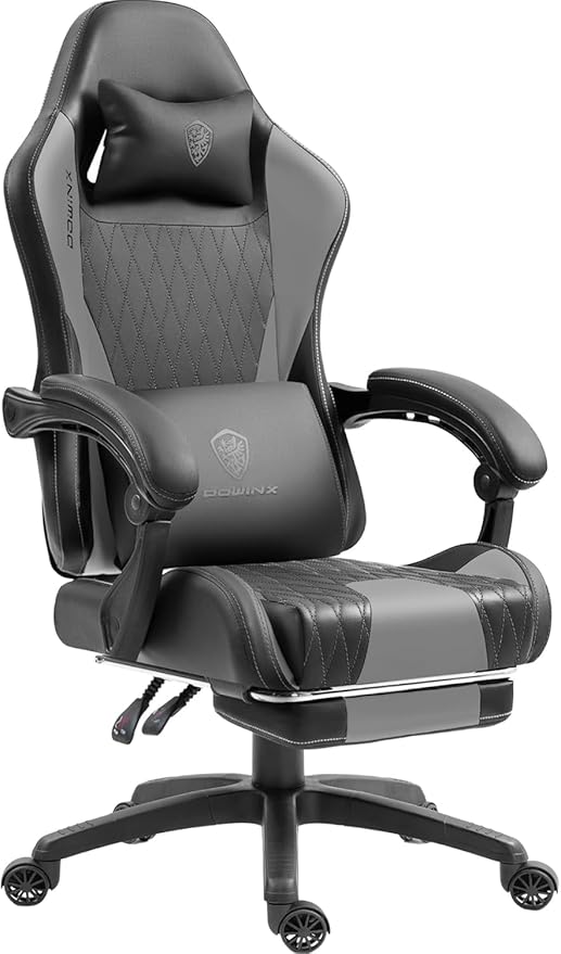 Dowinx Gaming Chair with Massage Lumbar Support and Footrest Video Game Chair for Adults Adjustable Ergonomic Gamer Chairs High Back with Pocket Spring Cushion Swivel Recliner with Headrest Grey
