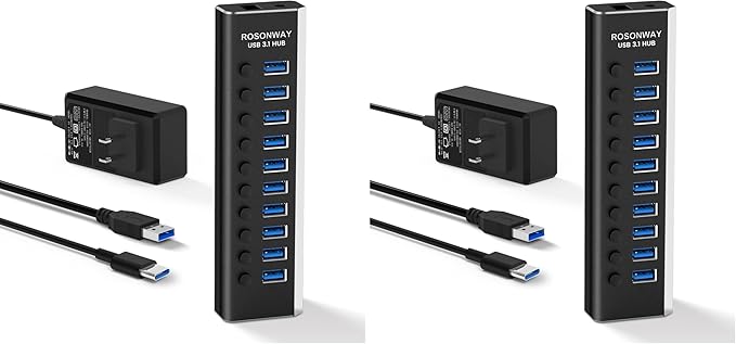 Powered USB Hub Rosonway 10 Port USB 3.1/3.2 Gen 2 Hub 10Gbps with 36W (12V/3A) Power Adapter Type A and Type C Cables Aluminum USB C Hub Splitter for PC and Laptop (RSH-A10S) (Pack of 2)