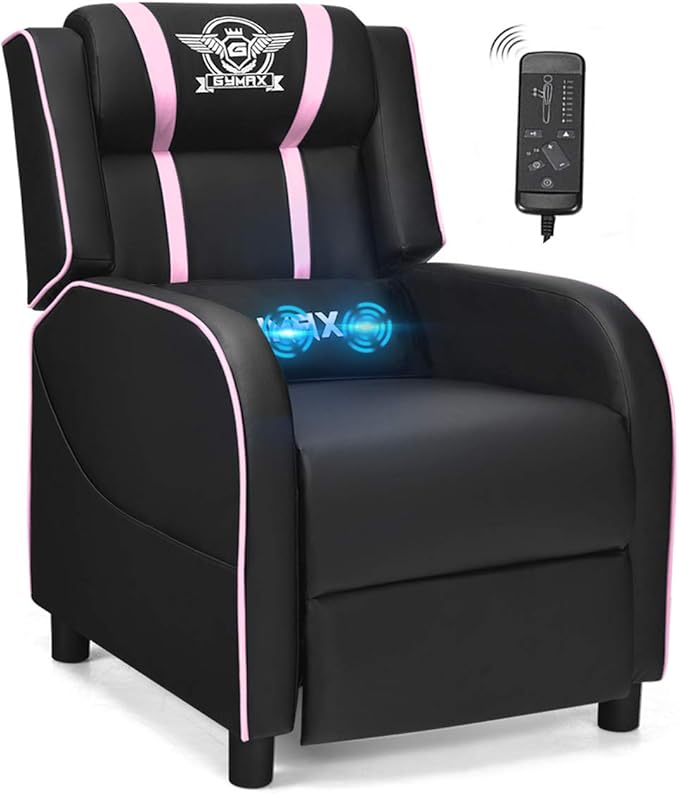 POWERSTONE Gaming Recliner Chair Reclining Gaming Chairs for Adults Ergonomic Leather Sofa with Footrest Lumbar Support Headrest and Side Pouch for Living Room Home Theater Pink