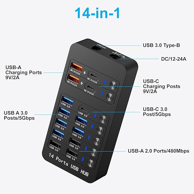 14-in-1 Powered USB Hub with 60W PD Charging 6 USB 3.0 Ports 4 Fast-Charging Ports 1 USB-C 3.0 Data Port &amp LED Switches for Laptop Phone Tablet