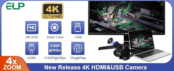ELP 4K HDMI USB Camera - 2.8-12mm 4X Zoom Webcam With Manual Adjustment for Computer TV Projector Monitor