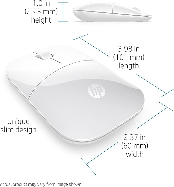 HP Z3700 Wireless Mouse White Slim Multi-OS &amp Device Compatibility 2.4 GHZ Connectivity Multi-Surface Technology Blue LED 1200 dpi Optical Sensor Up to 16 Months Battery Life