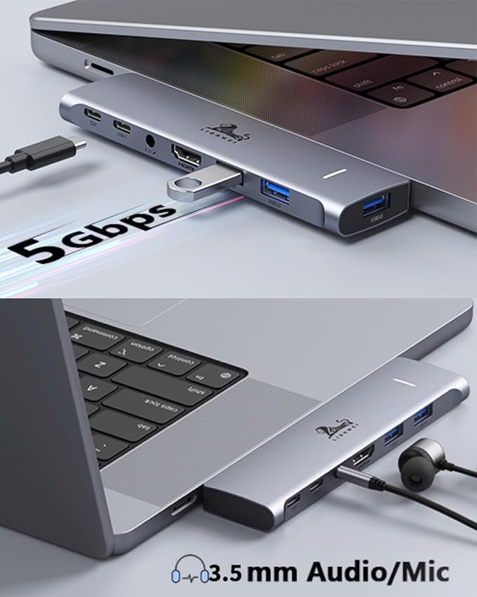USB C Hub Adapter for MacBook Pro/Air M1M2M3 2022 2021 2020 131516Multiport MacBook Adapter MacBook Accessories with 4K HDMI3USB3.0Audio100W Thunderbolt-Enabled USB-CSupport MagSafe 3 Charging