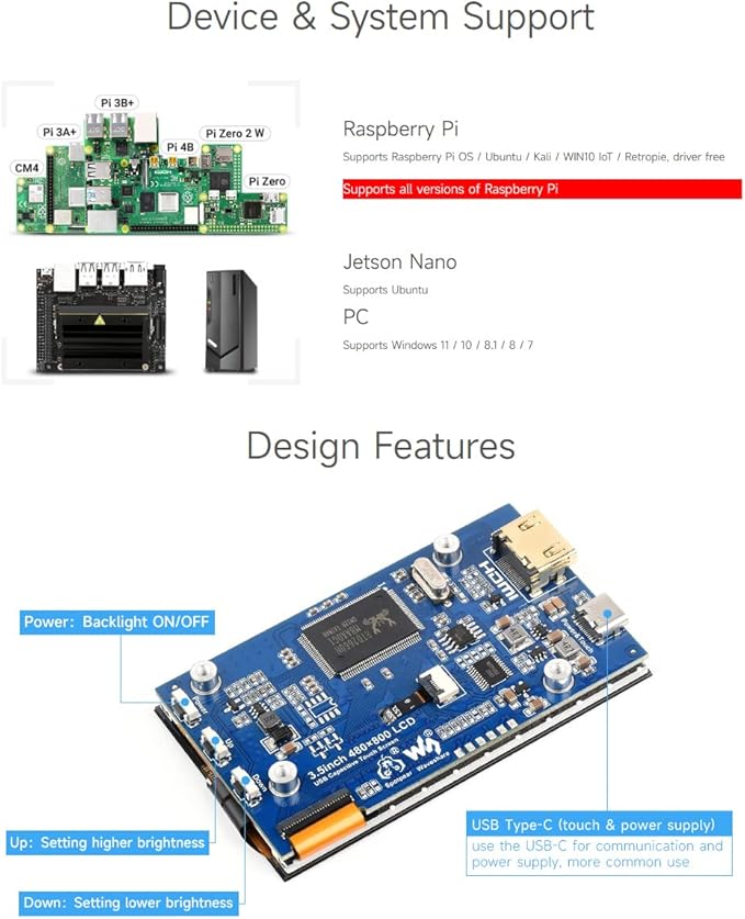waveshare 3.5inch IPS Capacitive Touch LCD Display Compatible with Raspberry Pi 5/4B/3B/Zero/Zero W/Zero 2W/Pico/Pico W/Pico WH 480×800 Adjustable Brightness